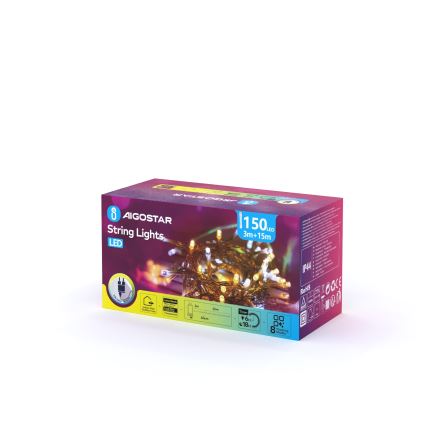 Aigostar - LED udendørs julelyskæde 150xLED/8 funktioner 18m IP44 varm hvid/kold hvid