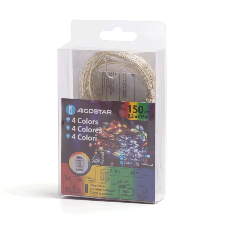 Aigostar - LED Udendørs julelyskæde 150xLED/8 funktioner/3xAA 15,3m IP44 multifarvet