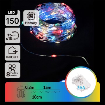 Aigostar - LED Udendørs julelyskæde 150xLED/8 funktioner/3xAA 15,3m IP44 multifarvet