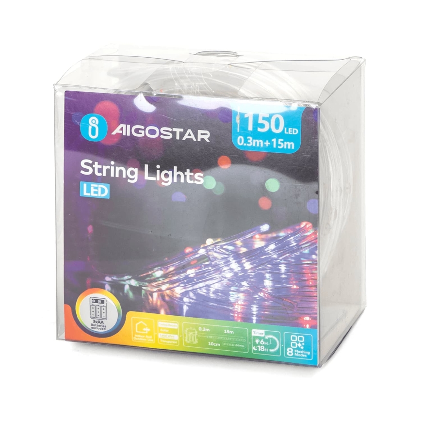 Aigostar - LED udendørs julelyskæde 150xLED/8 funktioner 3xAA 15,3m IP44 multifarvet