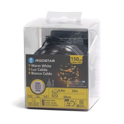 Aigostar -LED Udendørs julelyskæde 150xLED/8 funktioner 3xAA 15,3m IP44 varm hvid