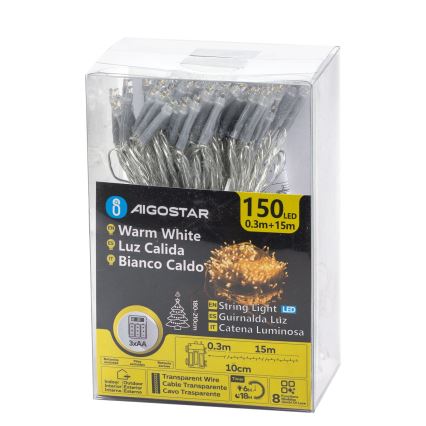 Aigostar -LED Udendørs julelyskæde 150xLED/8 funktioner 3xAA 15,3m IP44 varm hvid