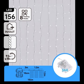Aigostar - LED udendørs julelyskæde 156xLED/8 funktioner 3xAA 4,2x1,2m IP44 kold hvid