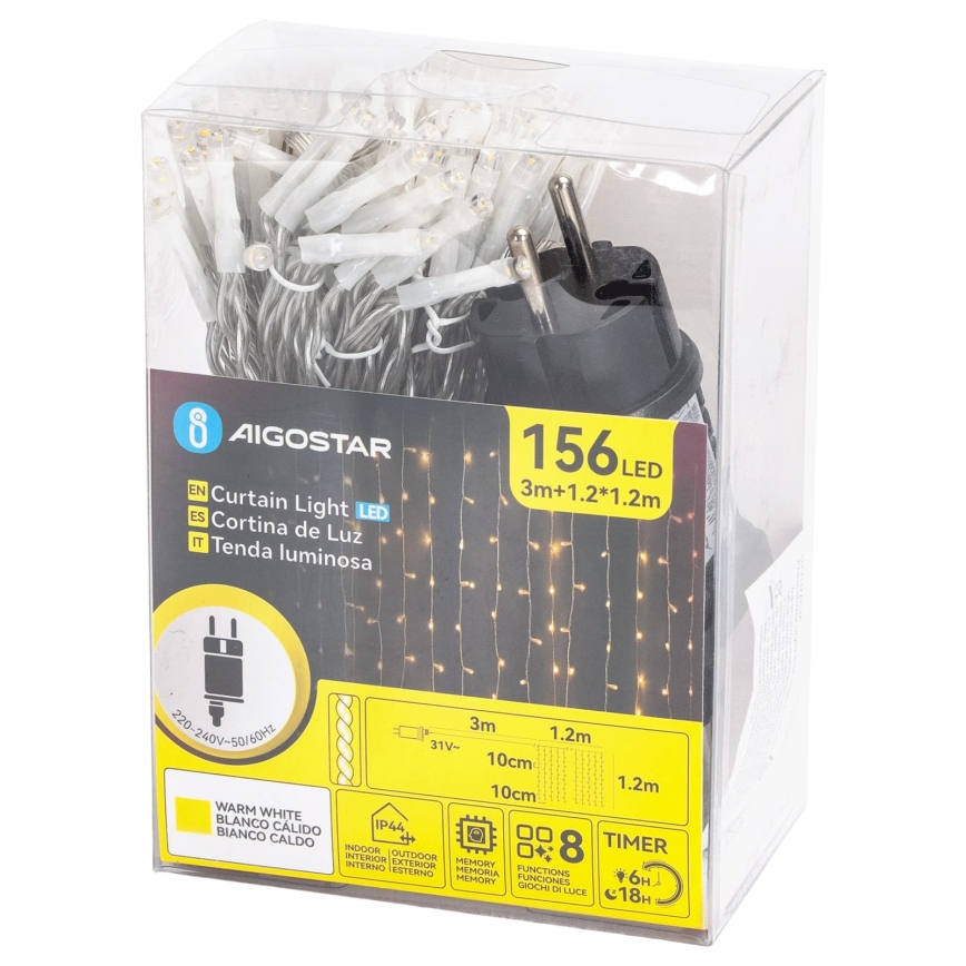 Aigostar - LED udendørs julelyskæde 156xLED/8 funktioner 4,2x1,2m IP44 varm hvid