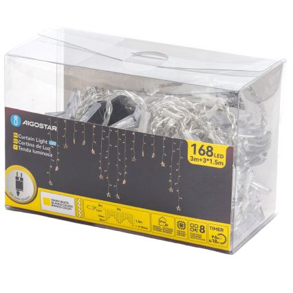 Aigostar - LED udendørs julelyskæde 168xLED/8 funktioner 3x1,5m IP44 varm hvid stjerner
