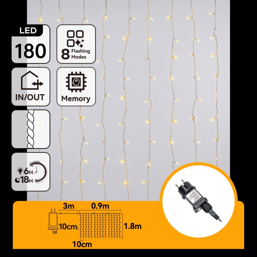 Aigostar - LED udendørs julelyskæde 180xLED/8 funktioner 3,9x1,8m IP44 varm hvid