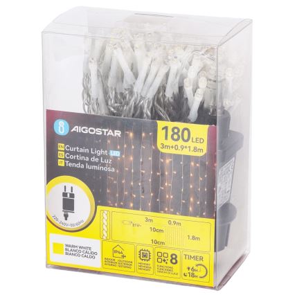 Aigostar - LED udendørs julelyskæde 180xLED/8 funktioner 3,9x1,8m IP44 varm hvid