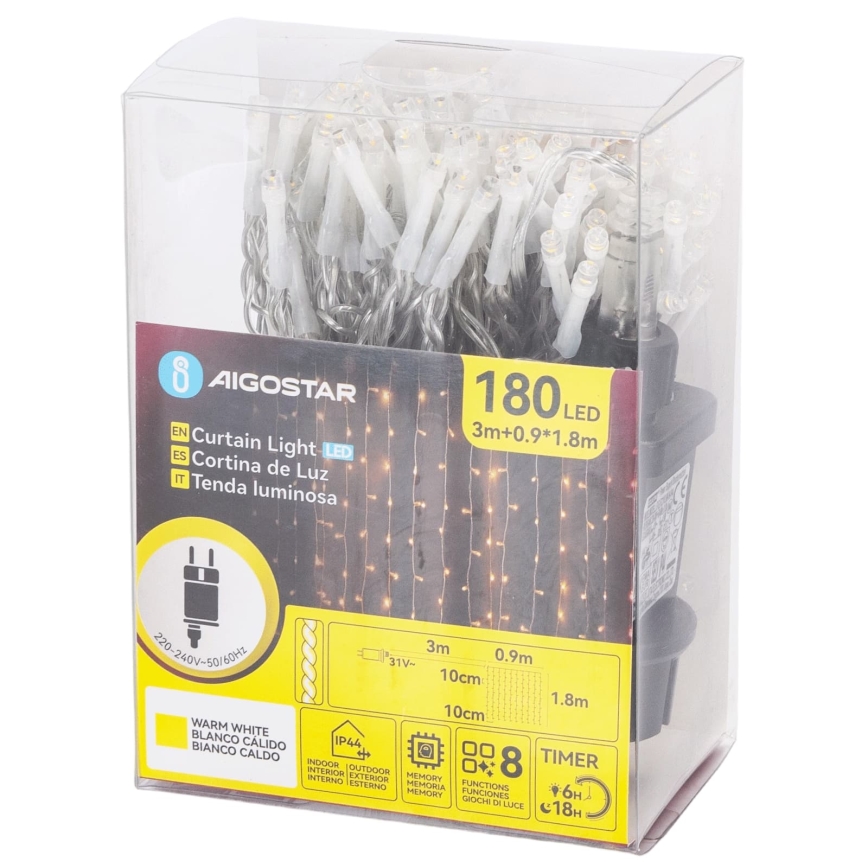 Aigostar - LED udendørs julelyskæde 180xLED/8 funktioner 3,9x1,8m IP44 varm hvid