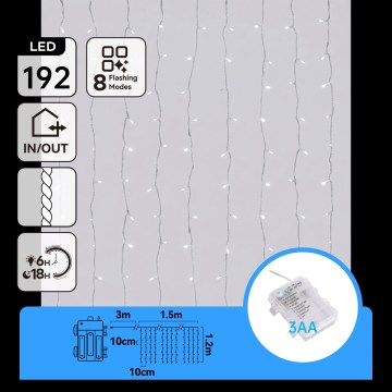 Aigostar - LED udendørs julelyskæde 192xLED/8 funktioner 3xAA 4,5x1,2m IP44 kold hvid