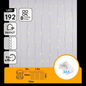 Aigostar - LED udendørs julelyskæde 192xLED/8 funktioner 3xAA 4,5x1,2m IP44 varm hvid