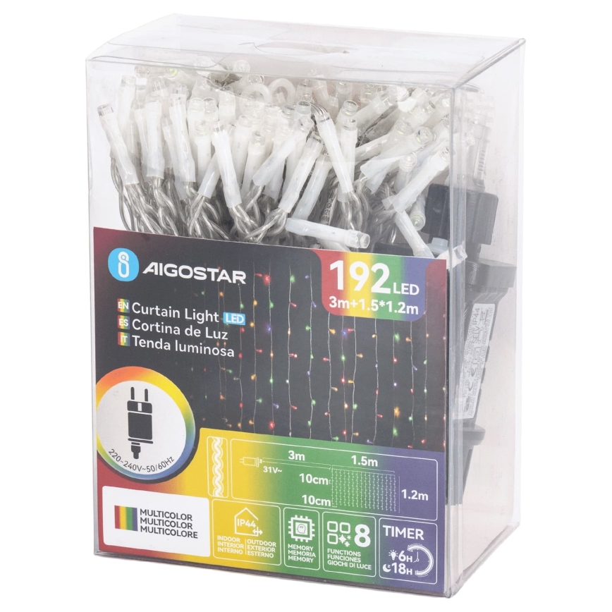 Aigostar - LED Udendørs julelyskæde 192xLED/8 funktioner 4,5x1,2m IP44 multifarvet