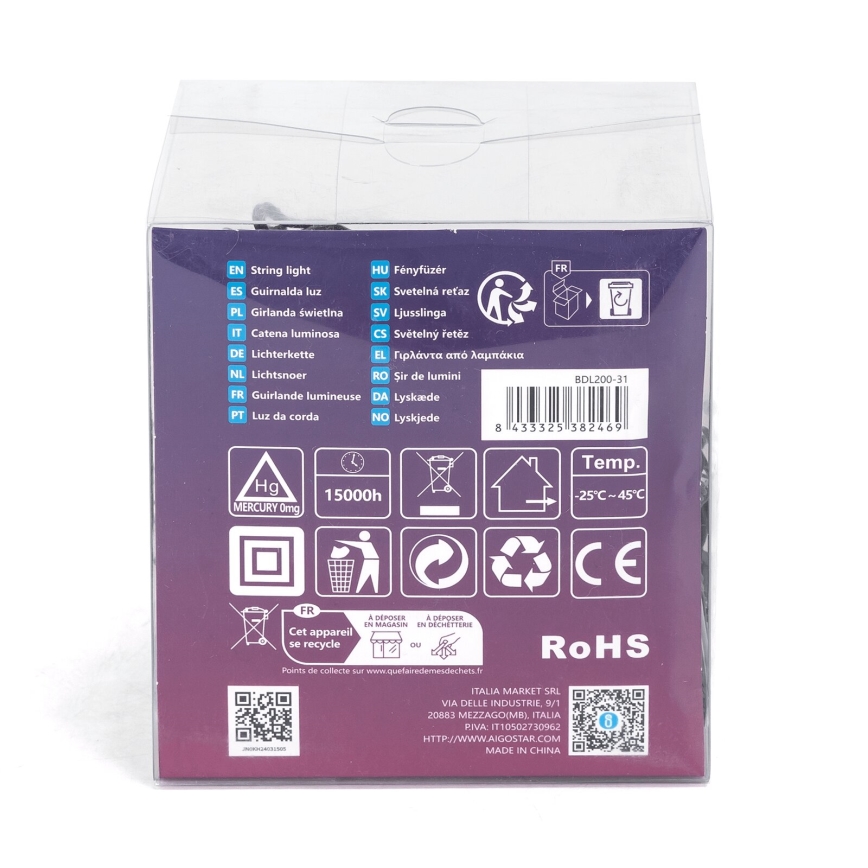 Aigostar - LED udendørs julelyskæde 200 LED/8 funktioner 13 m IP44 varm hvid