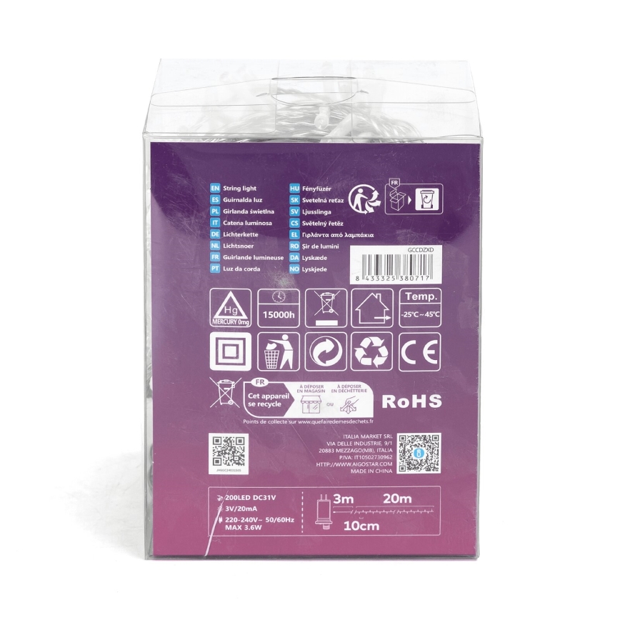 Aigostar - LED udendørs julelyskæde 200 LED / 8 funktioner 23 m IP44 kold hvid