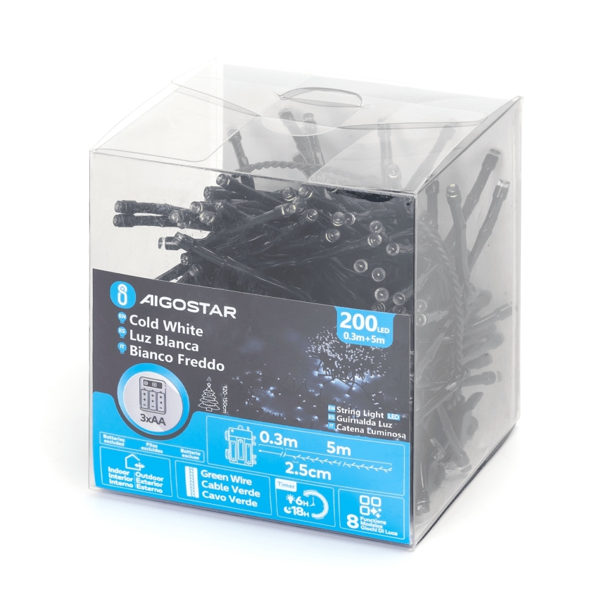 Aigostar - LED udendørs julelyskæde 200xLED/8 funktioner 3xAA 5,3 m IP44 kølig hvid