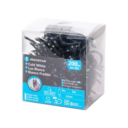Aigostar - LED udendørs julelyskæde 200 LED/8 funktioner 8 m IP44 kold hvid