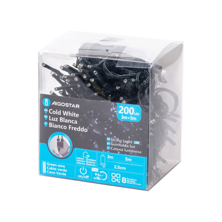 Aigostar - LED udendørs julelyskæde 200 LED/8 funktioner 8 m IP44 kold hvid