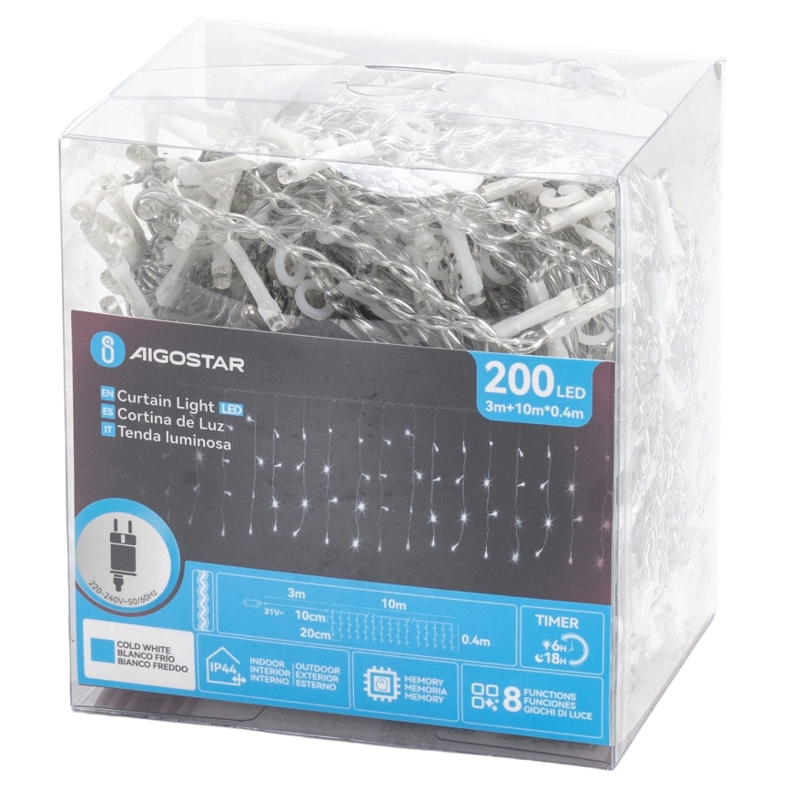 Aigostar - LED udendørs lyskæde 200xLED/3,6W/230V/8 funktioner 10x0,4m IP44 kold hvid