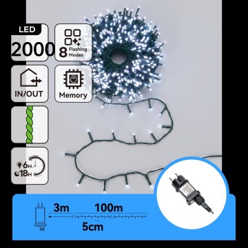 Aigostar - LED udendørs julelyskæde 2000xLED/8 funktioner 103m IP44 kold hvid