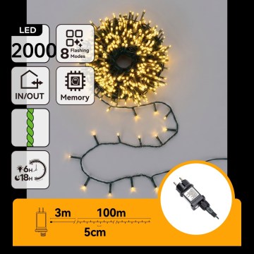 Aigostar - LED udendørs julelyskæde 2000xLED/8 funktioner 103m IP44 varm hvid