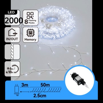 Aigostar - LED Udendørs julelyskæde 2000xLED/8 funktioner 53m IP44 kold hvid