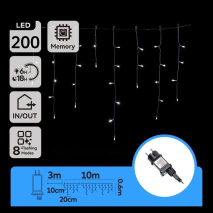 Aigostar - LED Udendørs julelyskæde 200xLED/8 funktioner 13x0,6m IP44 kølig hvid