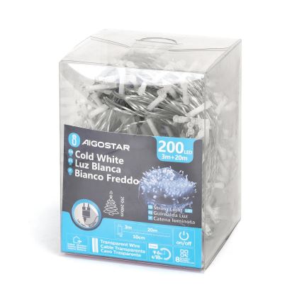 Aigostar - LED Udendørs julelyskæde 200xLED/8 funktioner 23m IP44 kold hvid