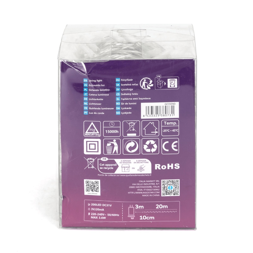Aigostar - LED udendørs julelyskæde 200xLED/8 funktioner 23m IP44 varm hvid