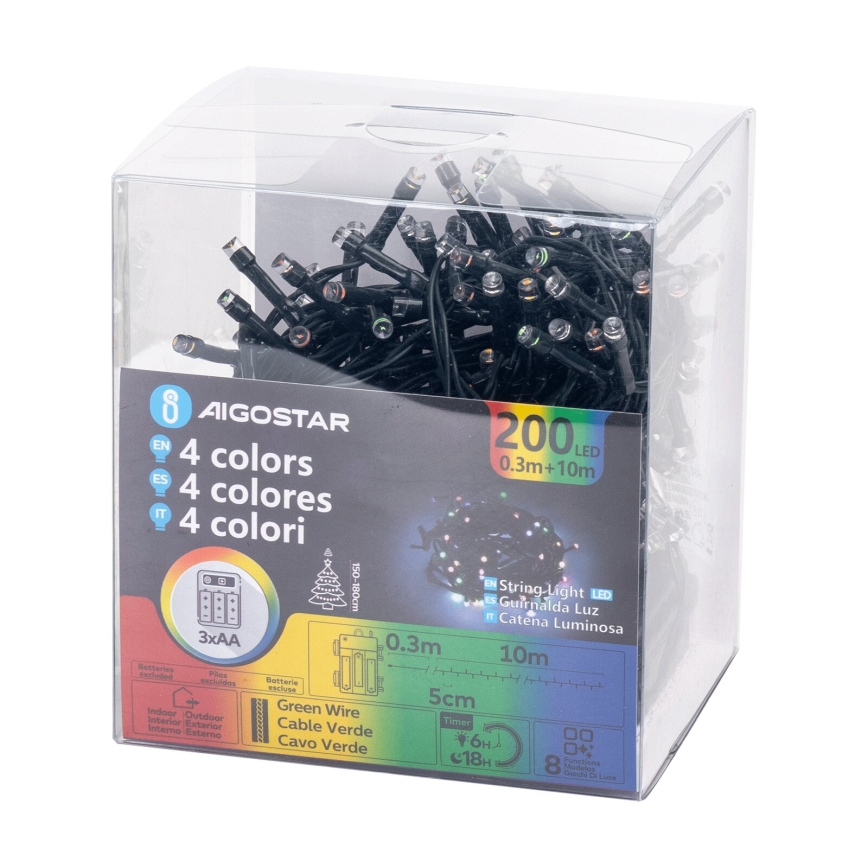 Aigostar -LED Udendørs julelyskæde 200xLED/8 funktioner 3xAA 10,3m IP44 multifarvet