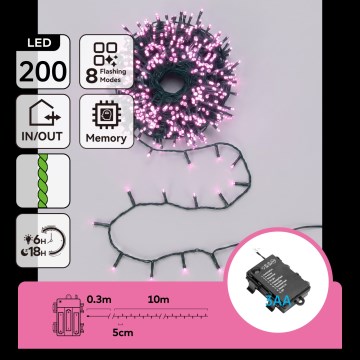 Aigostar - LED udendørs julelyskæde 200xLED/8 funktioner 3xAA 10,3m IP44 rosa