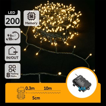 Aigostar - LED udendørs julelyskæde 200xLED/8 funktioner 3xAA 10,3m IP44 varm hvid