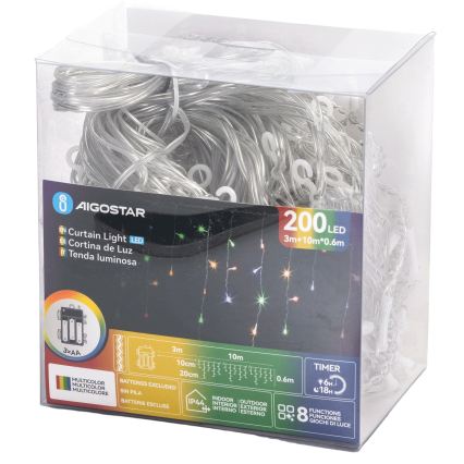 Aigostar - LED Udendørs julelyskæde 200xLED/8 funktioner 3xAA 13x0,6 m IP44 multifarvet