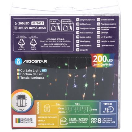 Aigostar - LED Udendørs julelyskæde 200xLED/8 funktioner 3xAA 13x0,6 m IP44 multifarvet