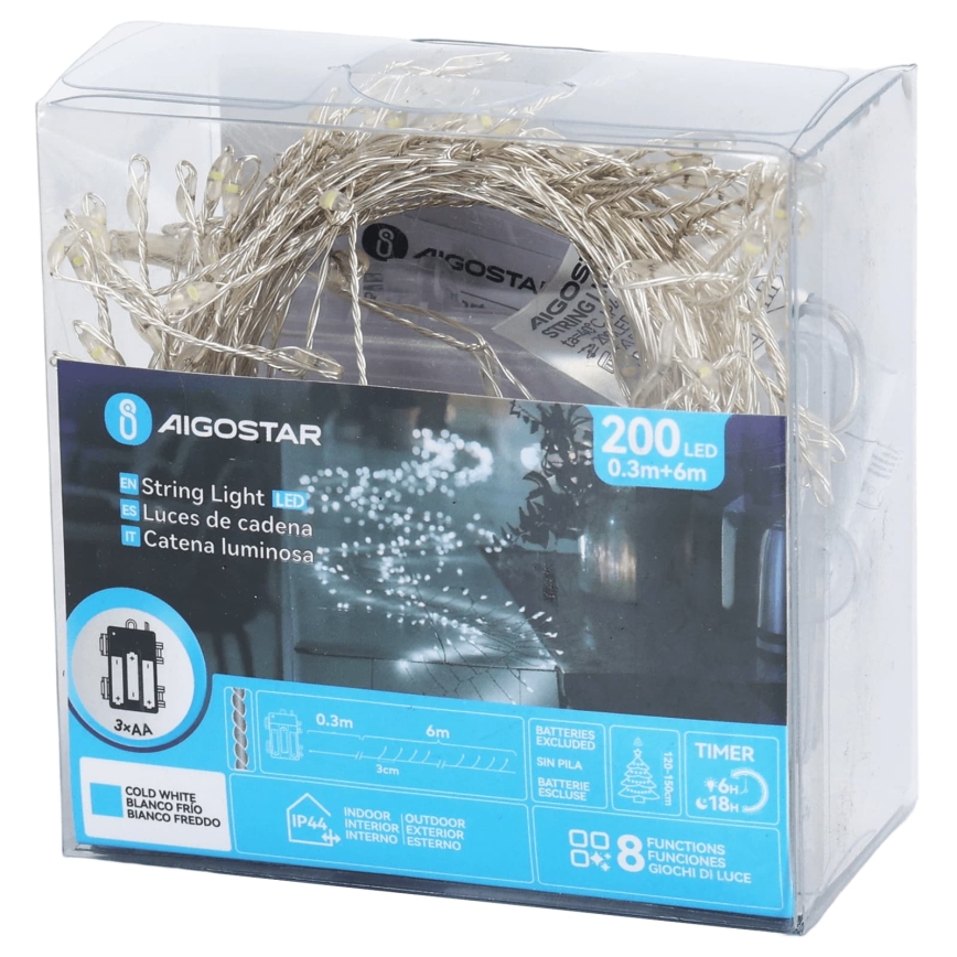 Aigostar - LED udendørs julelyskæde 200xLED/8 funktioner 3xAA 6,3m IP44 kølig hvid
