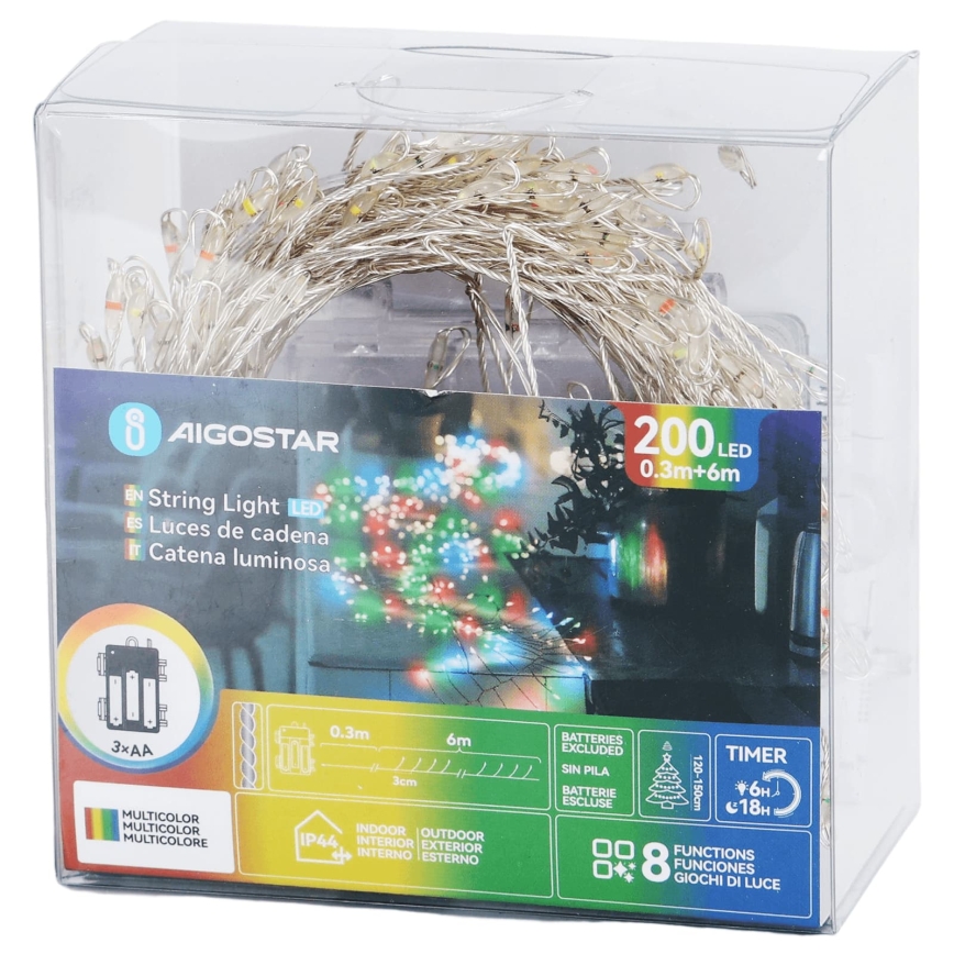 Aigostar - LED udendørs julelyskæde 200xLED/8 funktioner 3xAA 6,3m IP44 multifarvet
