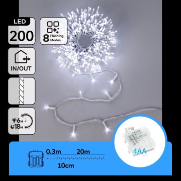 Aigostar - LED udendørs julelyskæde 200xLED/8 funktioner 4xAA 20m IP44 kold hvid