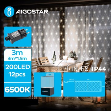 Aigostar - LED udendørs julelyskæde 200xLED/8 funktioner 6x1,5m IP44 kold hvid