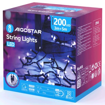 Aigostar - LED udendørs julelyskæde 200xLED/8 funktioner 8m IP44 kold hvid
