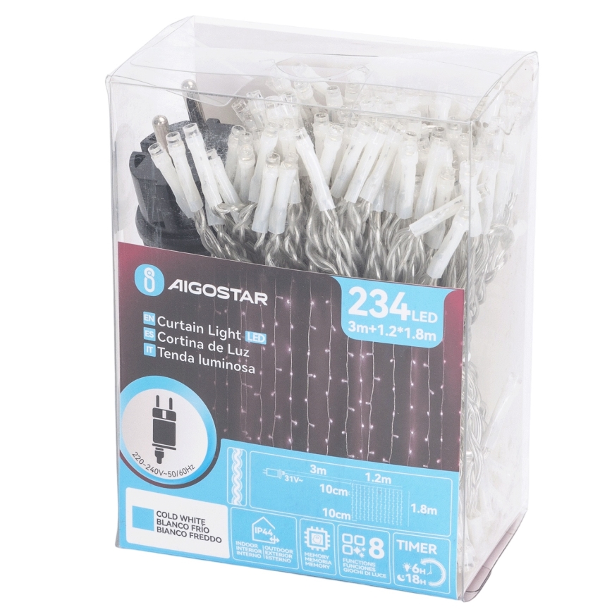 Aigostar - LED udendørs lyskæde 234xLED/8 funktioner 1,2x1,8 m IP44 kold hvid