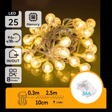 Aigostar - LED udendørs julelyskæde 25xLED/3xAA/8 funktioner 2,8 m IP44 varm hvid