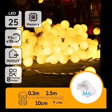 Aigostar-LED Udendørs julelyskæde 25xLED/3xAA/8 funktioner 2,8 m IP44 varm hvid