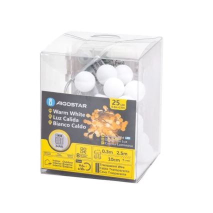 Aigostar-LED Udendørs julelyskæde 25xLED/3xAA/8 funktioner 2,8 m IP44 varm hvid