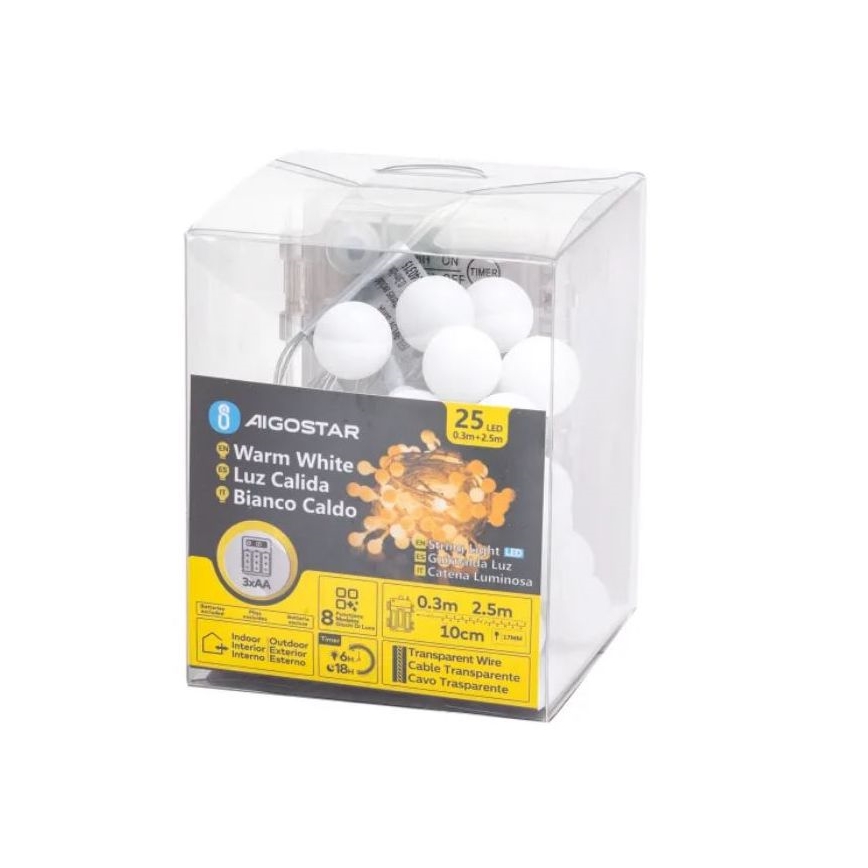 Aigostar-LED Udendørs julelyskæde 25xLED/3xAA/8 funktioner 2,8 m IP44 varm hvid