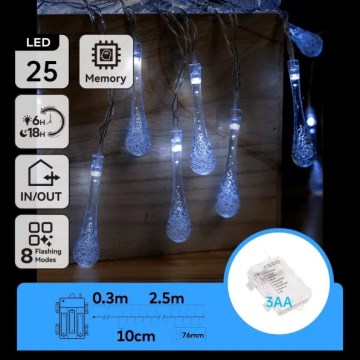 Aigostar - LED udendørs julelyskæde 25xLED/8 funktioner 3xAA 2,5 m IP44 kølig hvid dråber