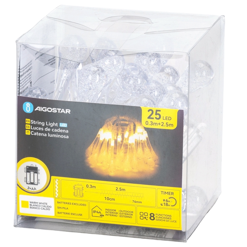 Aigostar - LED udendørs julelyskæde 25 x LED / 8 funktioner 3 x AA 2,5 m IP44 varm hvid dråbeformede