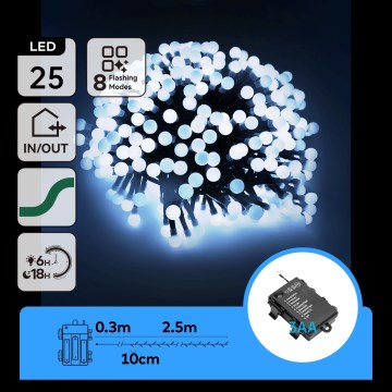 Aigostar - LED udendørs julelyskæde 25xLED/8 funktioner 3xAA 2,8m IP44 kold hvid