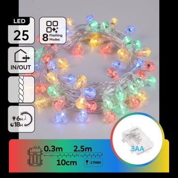 Aigostar - LED Udendørs Julelyskæde 25xLED/8 funktioner 3xAA 2,8m IP44 multifarvet