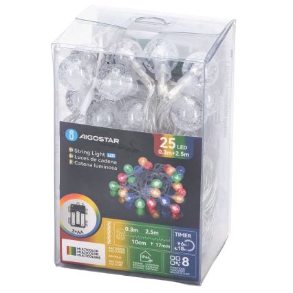Aigostar - LED Udendørs Julelyskæde 25xLED/8 funktioner 3xAA 2,8m IP44 multifarvet