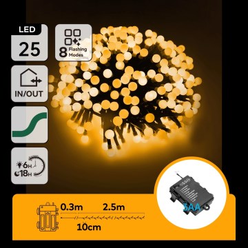 Aigostar - LED udendørs julelyskæde 25xLED/8 funktioner 3xAA 2,8m IP44 varm hvid