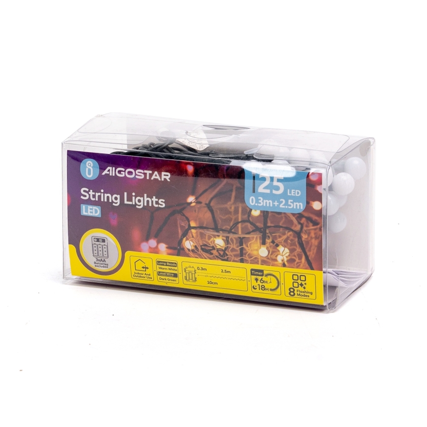 Aigostar - LED udendørs julelyskæde 25xLED/8 funktioner 3xAA 2,8m IP44 varm hvid
