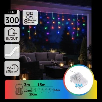 Aigostar - LED udendørs julelyskæde 300 LED / 8 funktioner 3x AA 18 x 0,6 m IP44 multifarvet